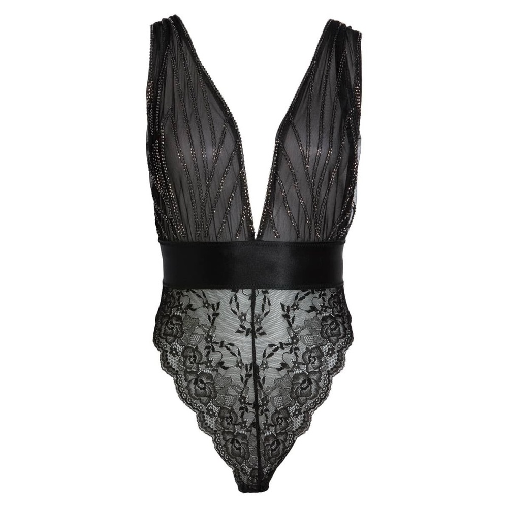 ANN SUMMERS Thea Embellished Deep Plunge Floral Embroidered Lace Thong Bodysuit